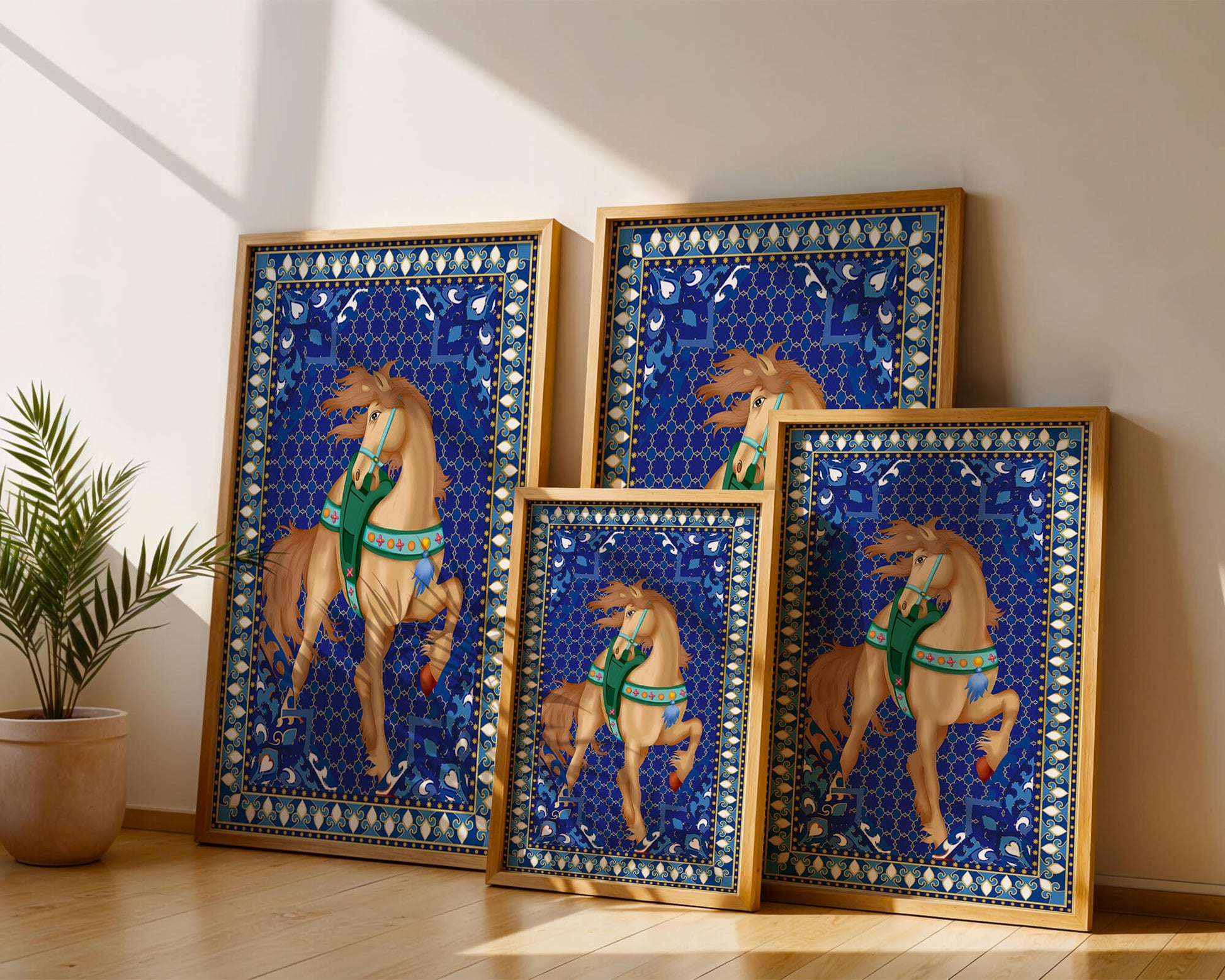 Intricate patterned horse art with a vibrant decorative border