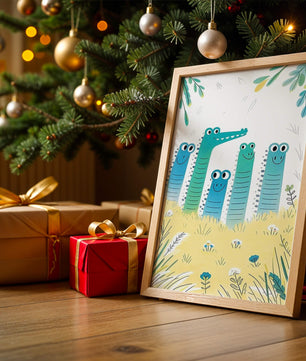 Illustration of Happy Cartoon Crocodiles in a Colorful Meadow - Mi tienda
