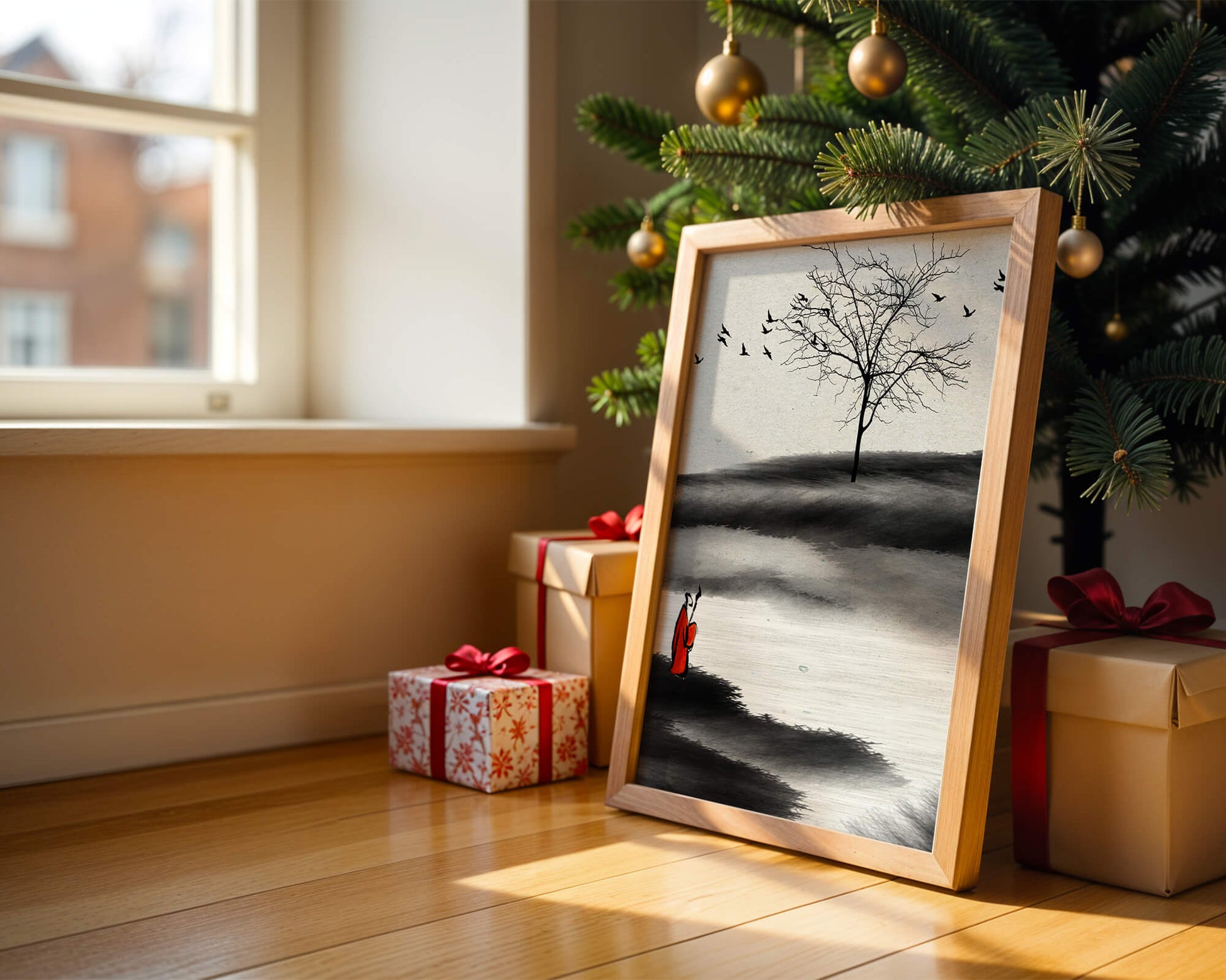 Contemplative Monk with Birds and Bare Tree in Serene Landscape