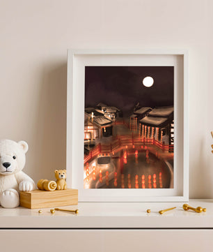 Traditional Japanese village at night with lanterns and full moon