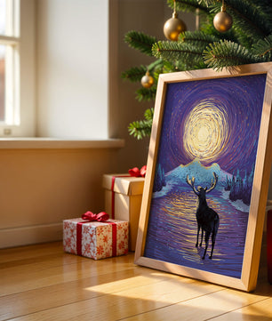 Moose Under Starry Night Sky with Radiant Moon