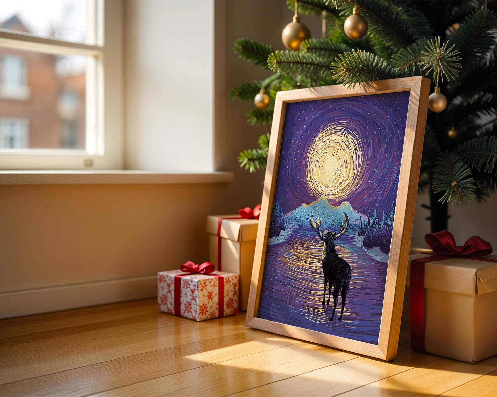 Moose Under Starry Night Sky with Radiant Moon