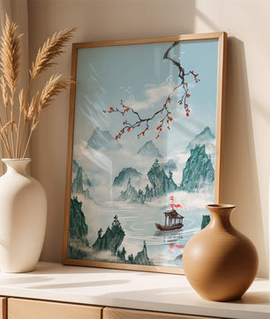 Chinese Landscape with Cherry Blossoms and Boat in Misty Mountains - Mi tienda