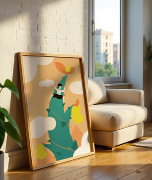 Man Climbing Giant Beanstalk Reaching to Sun in Minimalist Style - Mi tienda