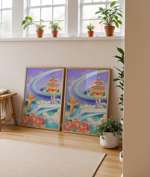 Colorful futuristic landscape with traditional Chinese architecture and high-speed train