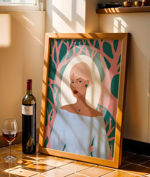 Illustration einer Frau mit einem pastellfarbenen Hintergrund aus abstrakten Bäumen