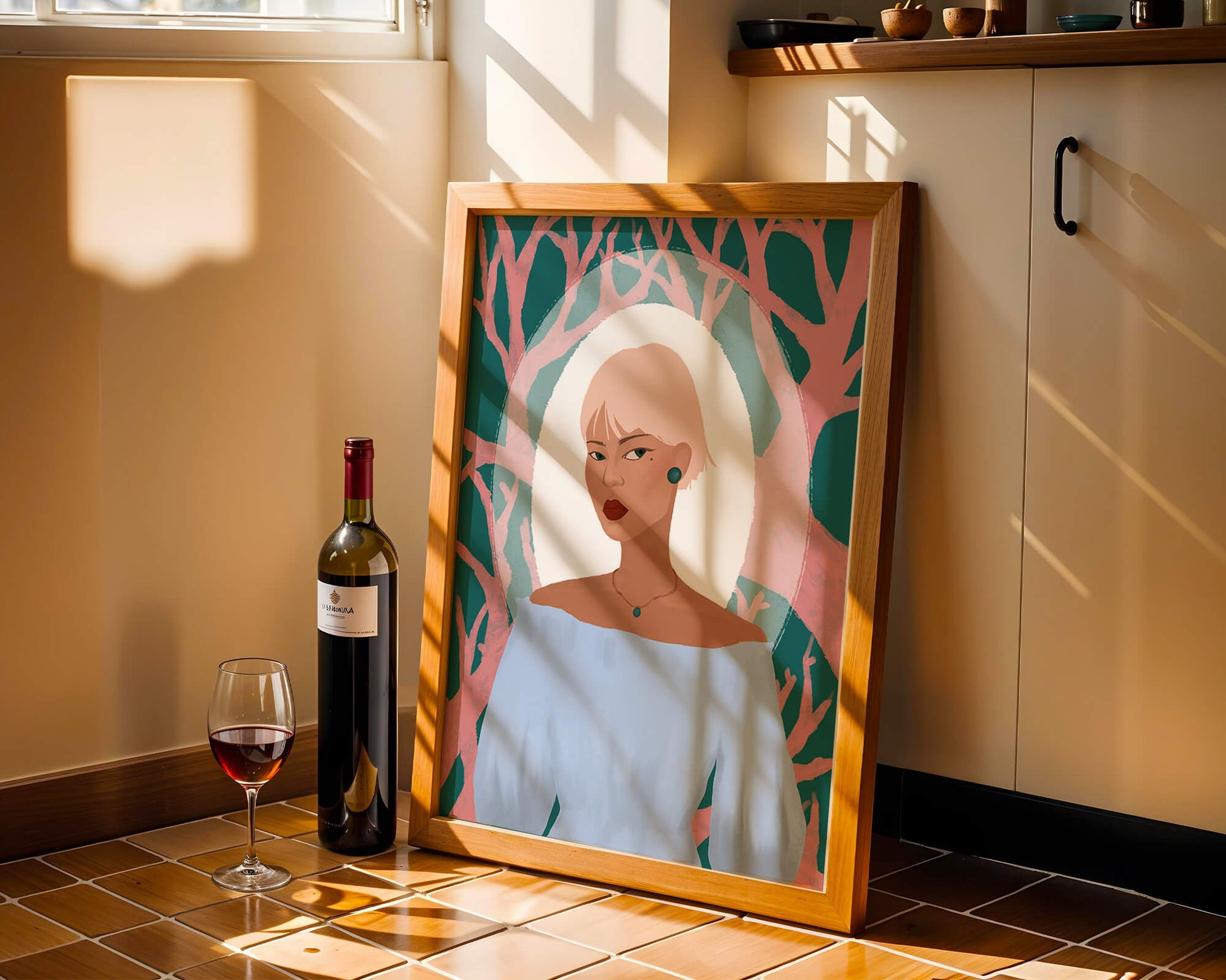 Illustration einer Frau mit einem pastellfarbenen Hintergrund aus abstrakten Bäumen