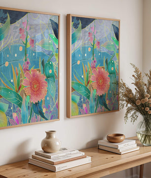 Kunst abstrak bunga yang berwarna-warni dengan bunga dan daun yang cerah