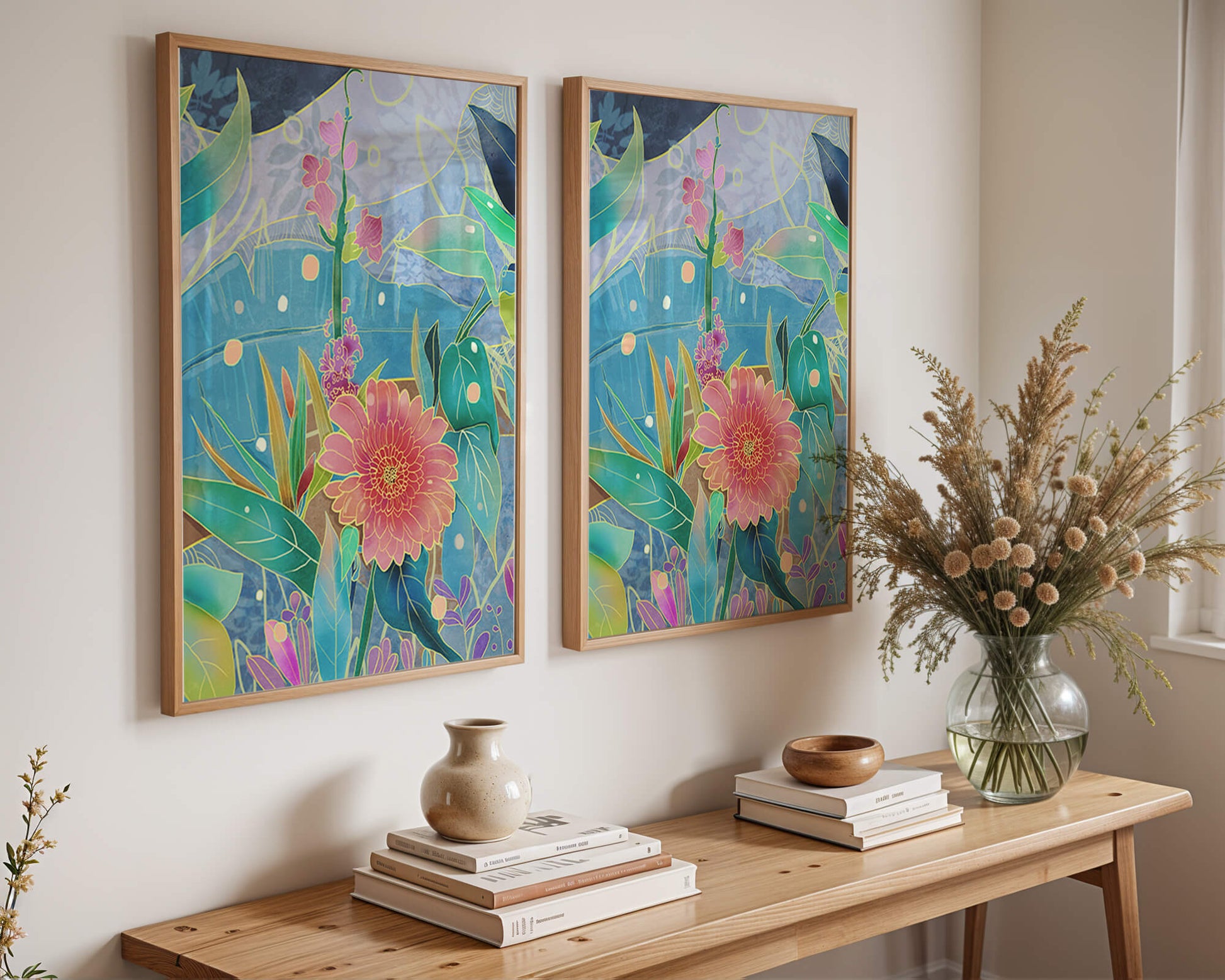 Kunst abstrak bunga yang berwarna-warni dengan bunga dan daun yang cerah