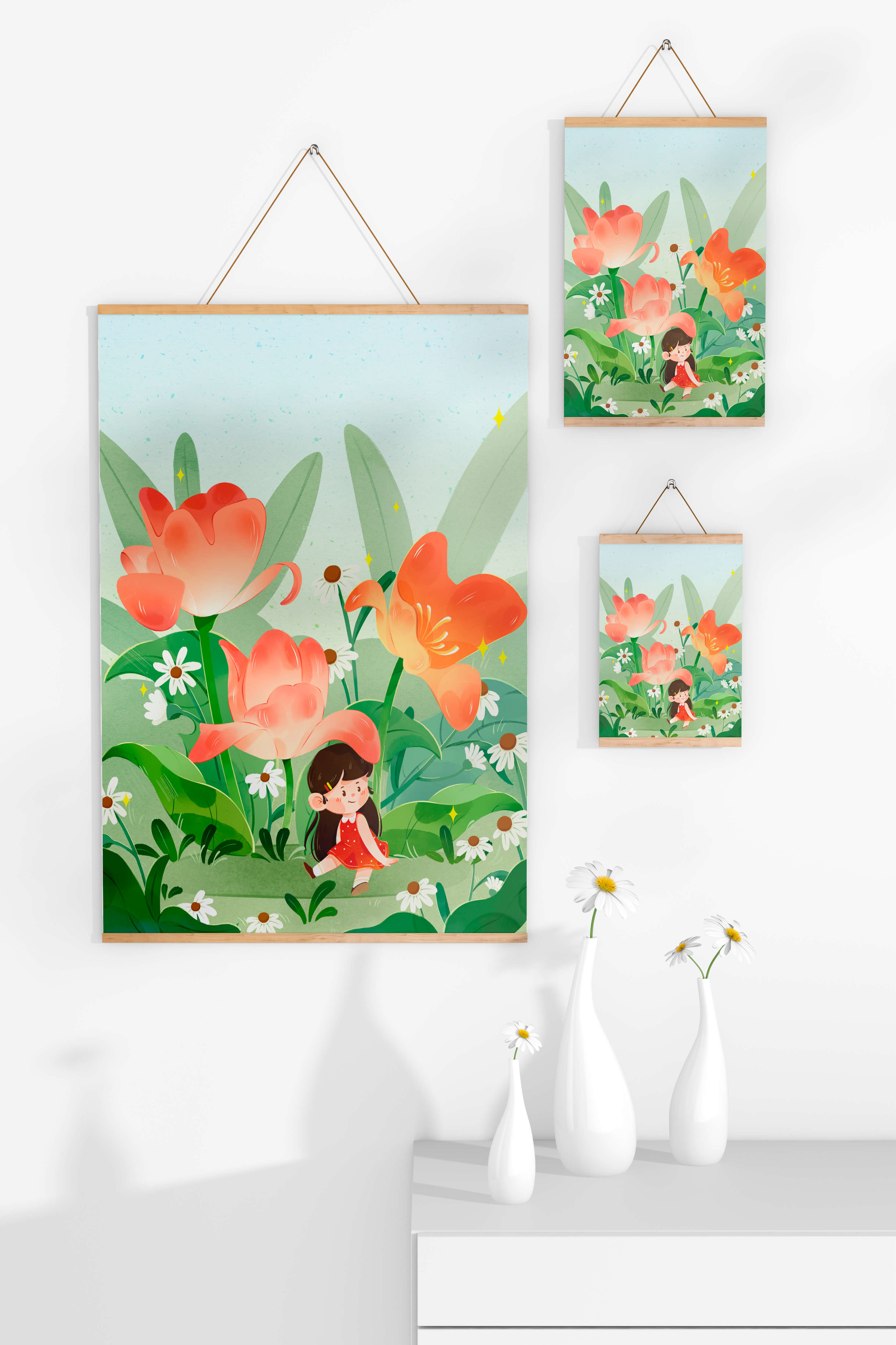 Charming floral garden with whimsical child illustration
