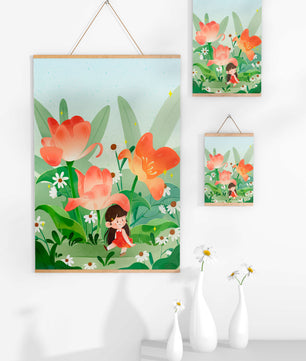Encantador jardín floral con ilustración de niño caprichoso