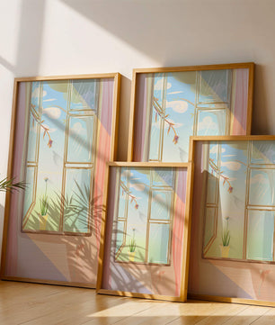 Tranquil open window with floral view and gentle sunlight