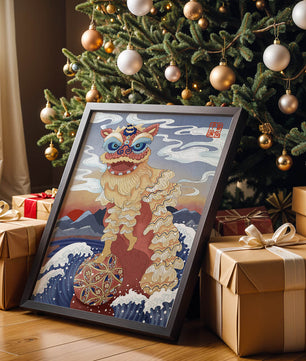 Traditionelle chinesische Löwentanzkunst mit malerischem Hintergrund