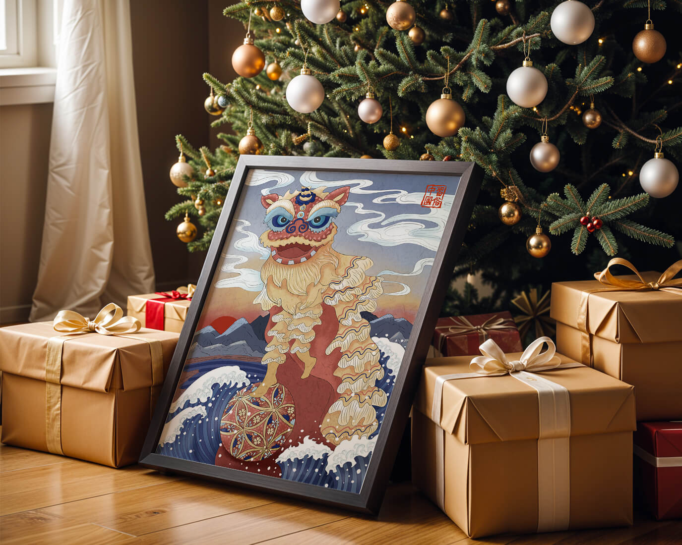 Traditionelle chinesische Löwentanzkunst mit malerischem Hintergrund