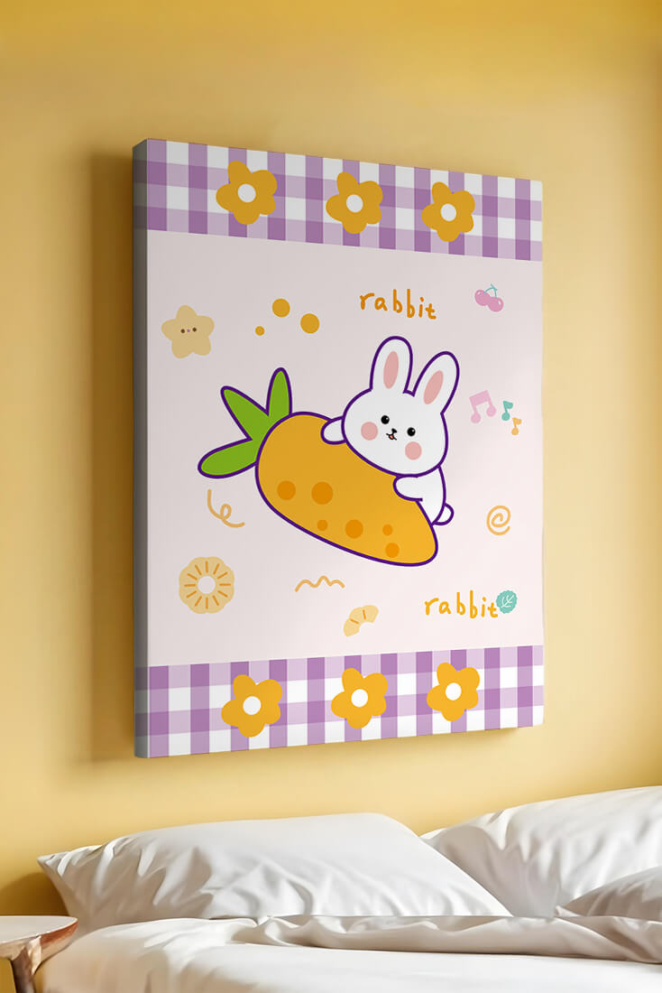 Illustrated cute rabbit with carrot on a colorful background