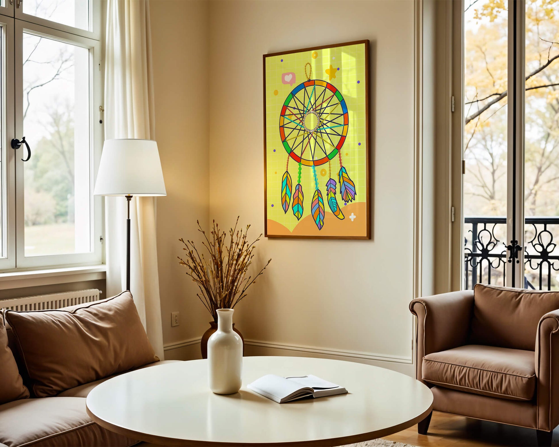 Colorful dreamcatcher on a vibrant yellow background