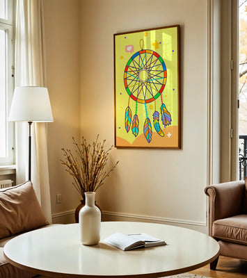 Colorful dreamcatcher on a vibrant yellow background