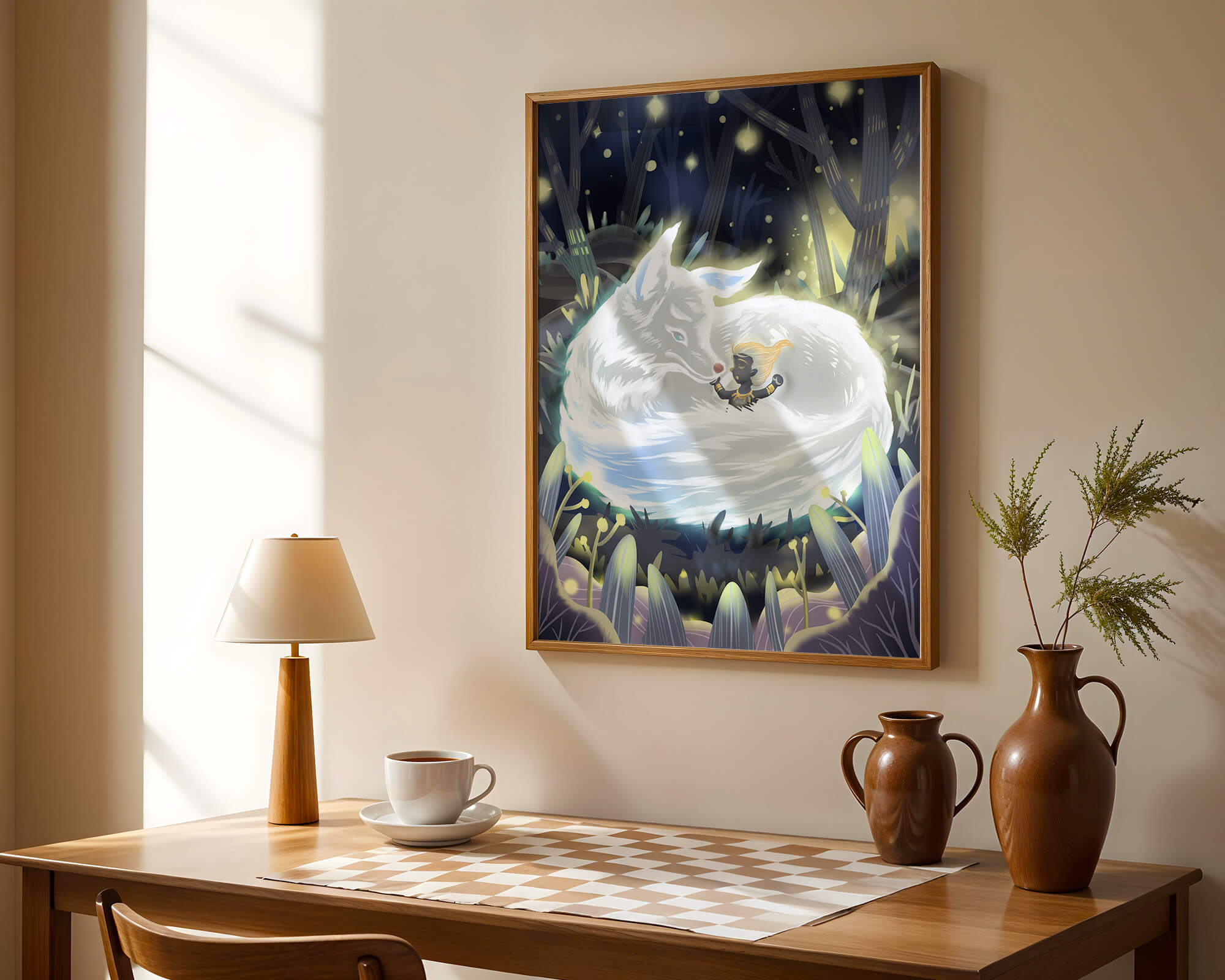 Whimsical forest scene with a sleeping wolf and a mysterious figure at night