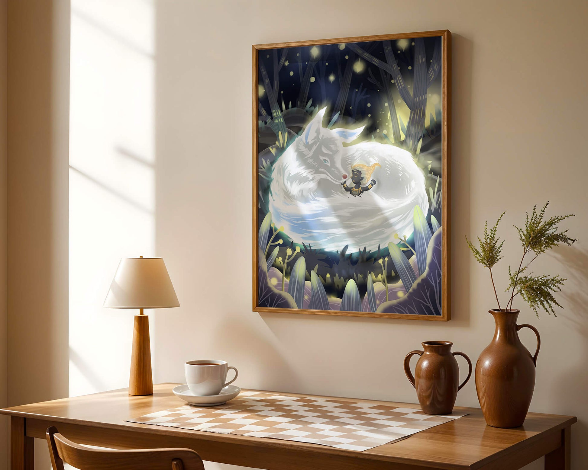 Whimsical forest scene with a sleeping wolf and a mysterious figure at night