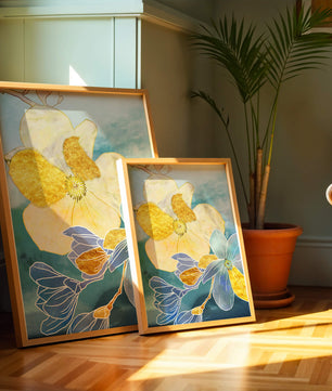Abstract Floral Art with Golden Accents on Blue Background