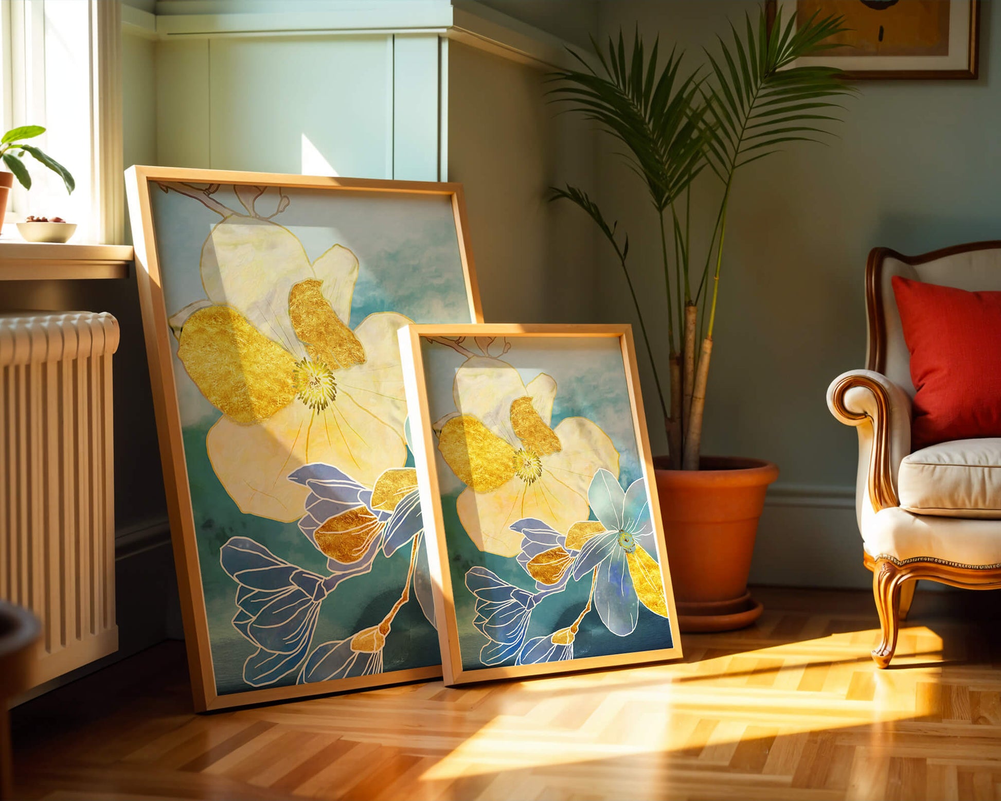 Arte floral abstracto con acentos dorados sobre fondo azul