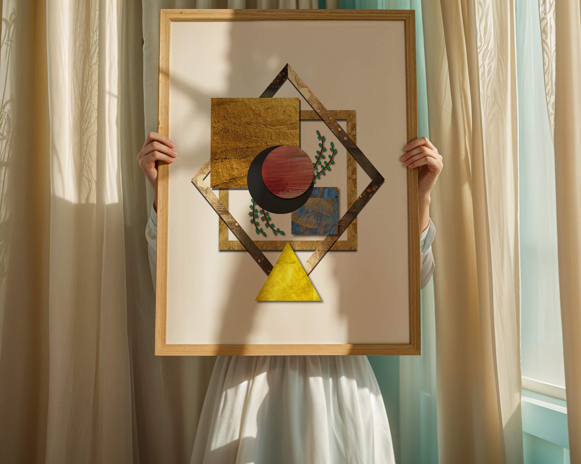 Modern geometric abstract art with vibrant colors and gold accents