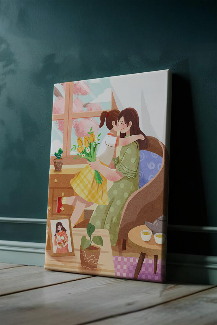 Cozy living room scene with mother and daughter hugging near window