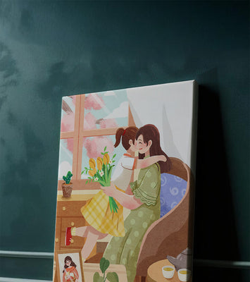 Cozy living room scene with mother and daughter hugging near window
