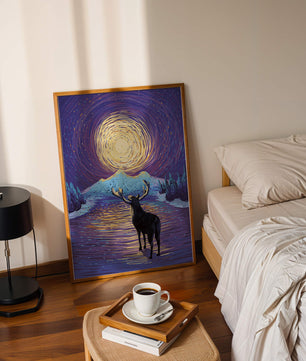 Moose Under Starry Night Sky with Radiant Moon