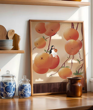 Whimsical illustration of girl with giant oranges and branches