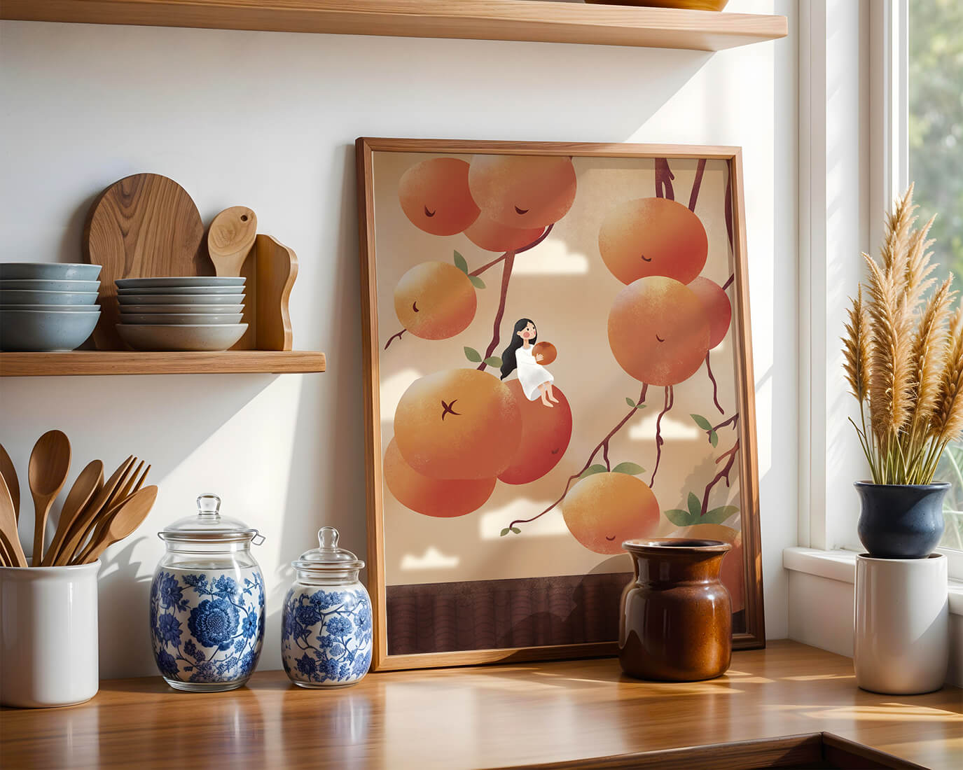 Whimsical illustration of girl with giant oranges and branches