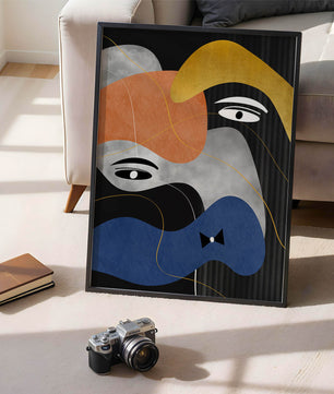 Abstract geometric art with bold colors and gold accents