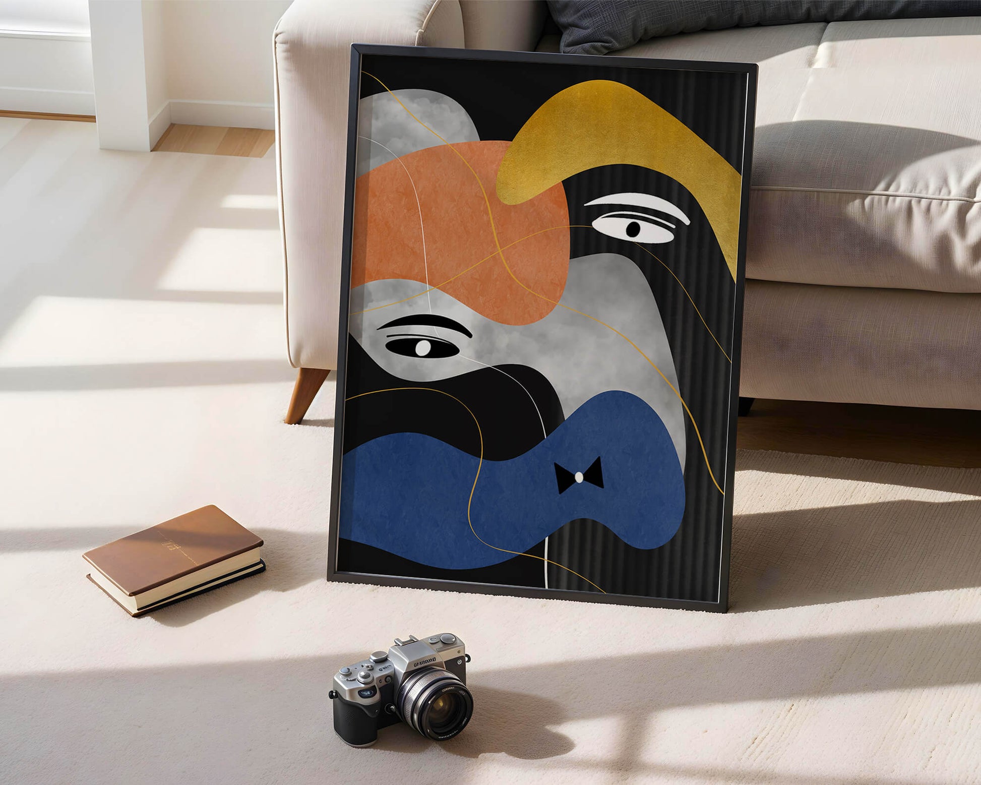 Abstract geometric art with bold colors and gold accents