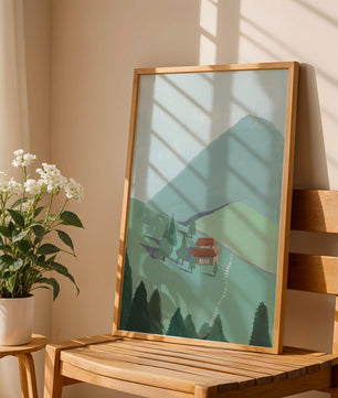 Ruhige Berglandschaft mit Haus und Bäumen