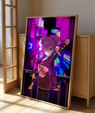 Personaje de anime con espadas y fondo de paisaje urbano neón