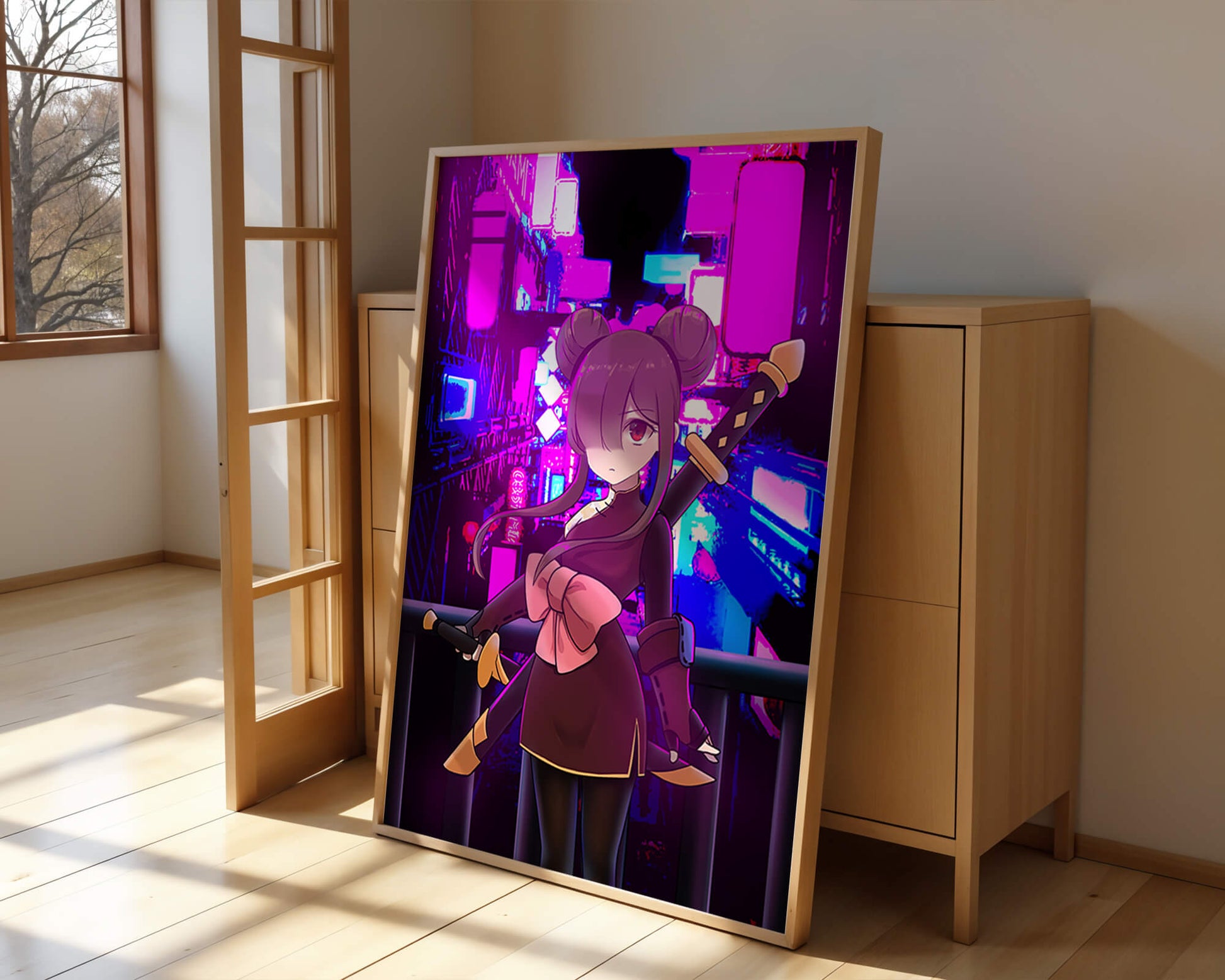 Anime Character with Swords and Neon Cityscape Background