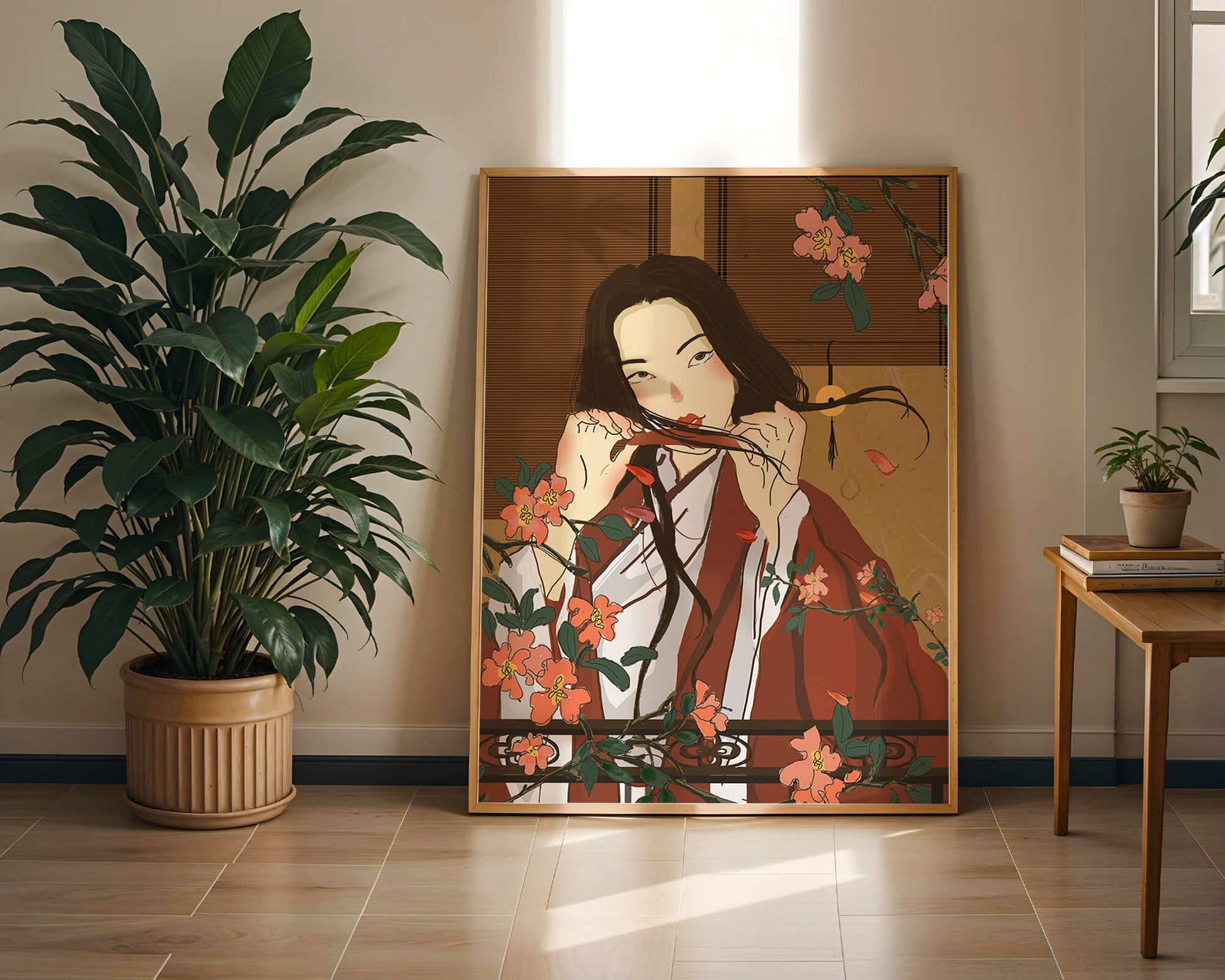 Japanerin spielt Flöte zwischen Blumen in traditioneller Umgebung