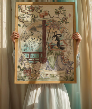 Peaceful Garden Scene with Girl and Rabbit