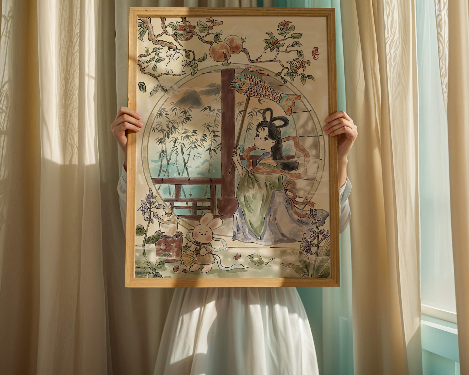 Escena de jardín tranquilo con una niña y un conejo