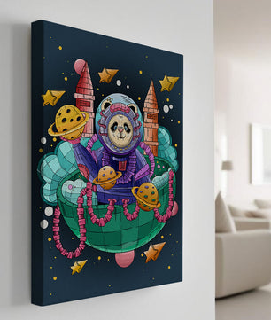 Whimsical space panda illustration with planets and stars