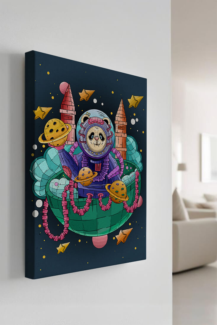 Whimsical space panda illustration with planets and stars