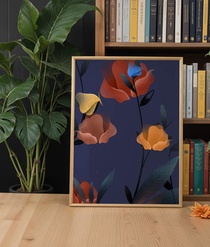 Abstract Floral Illustration with Colorful Flowers on Dark Background