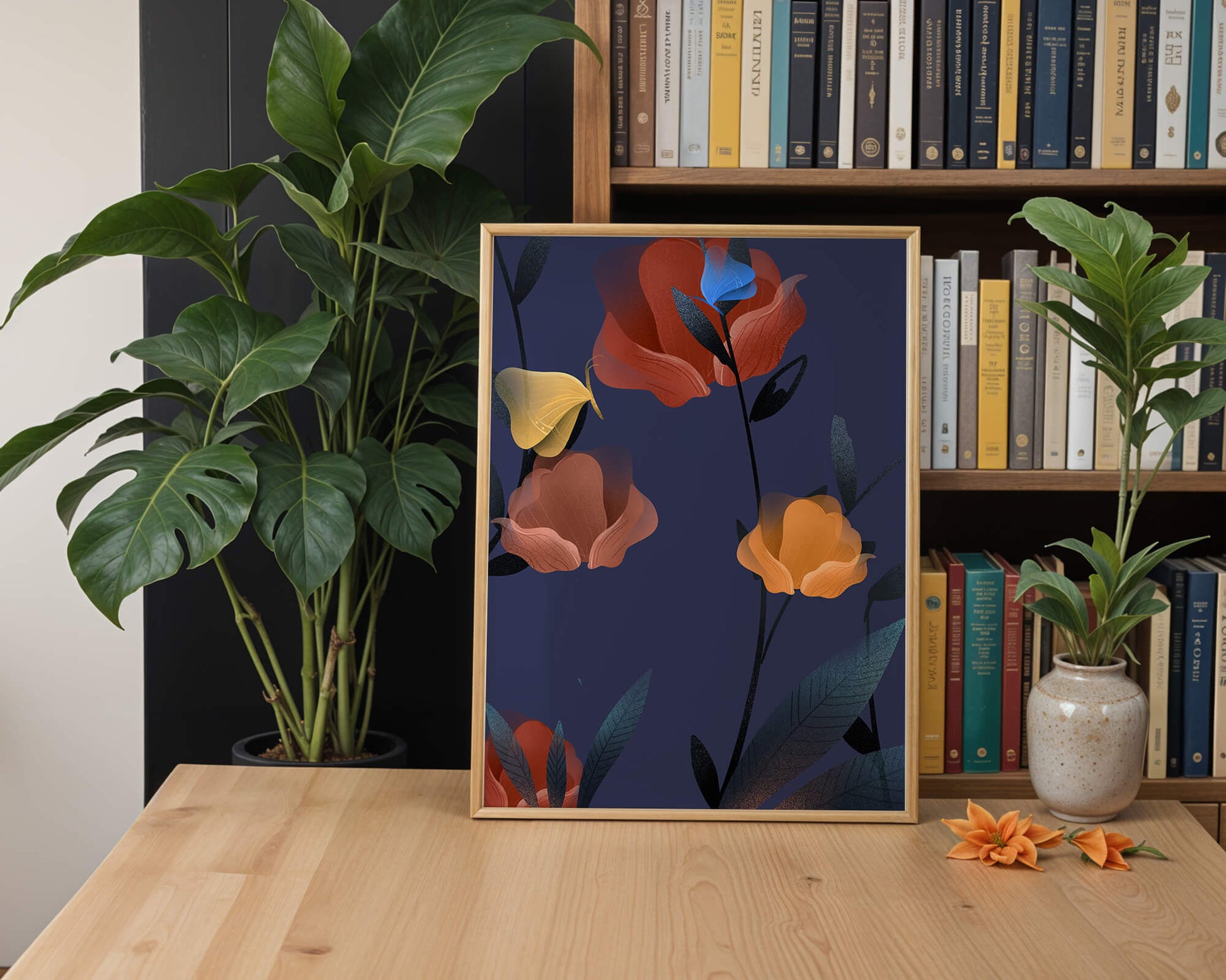 Abstract Floral Illustration with Colorful Flowers on Dark Background