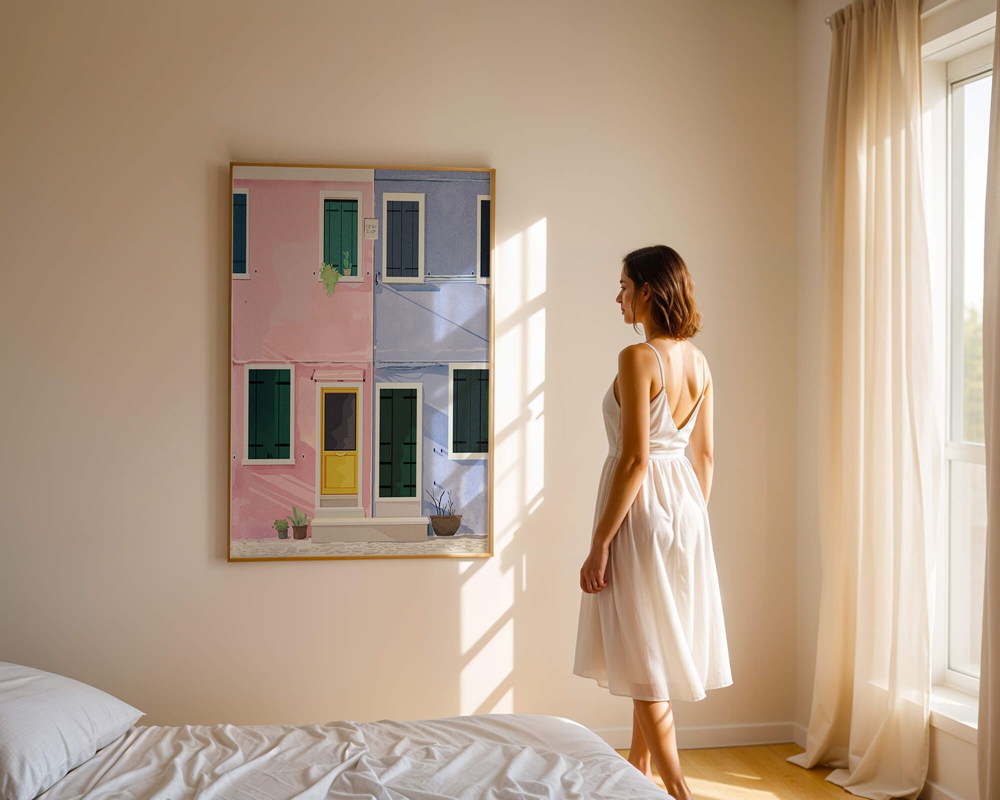 Charming pastel houses with colorful doors and windows