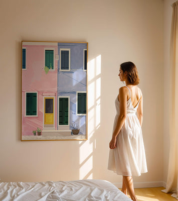 Charming pastel houses with colorful doors and windows
