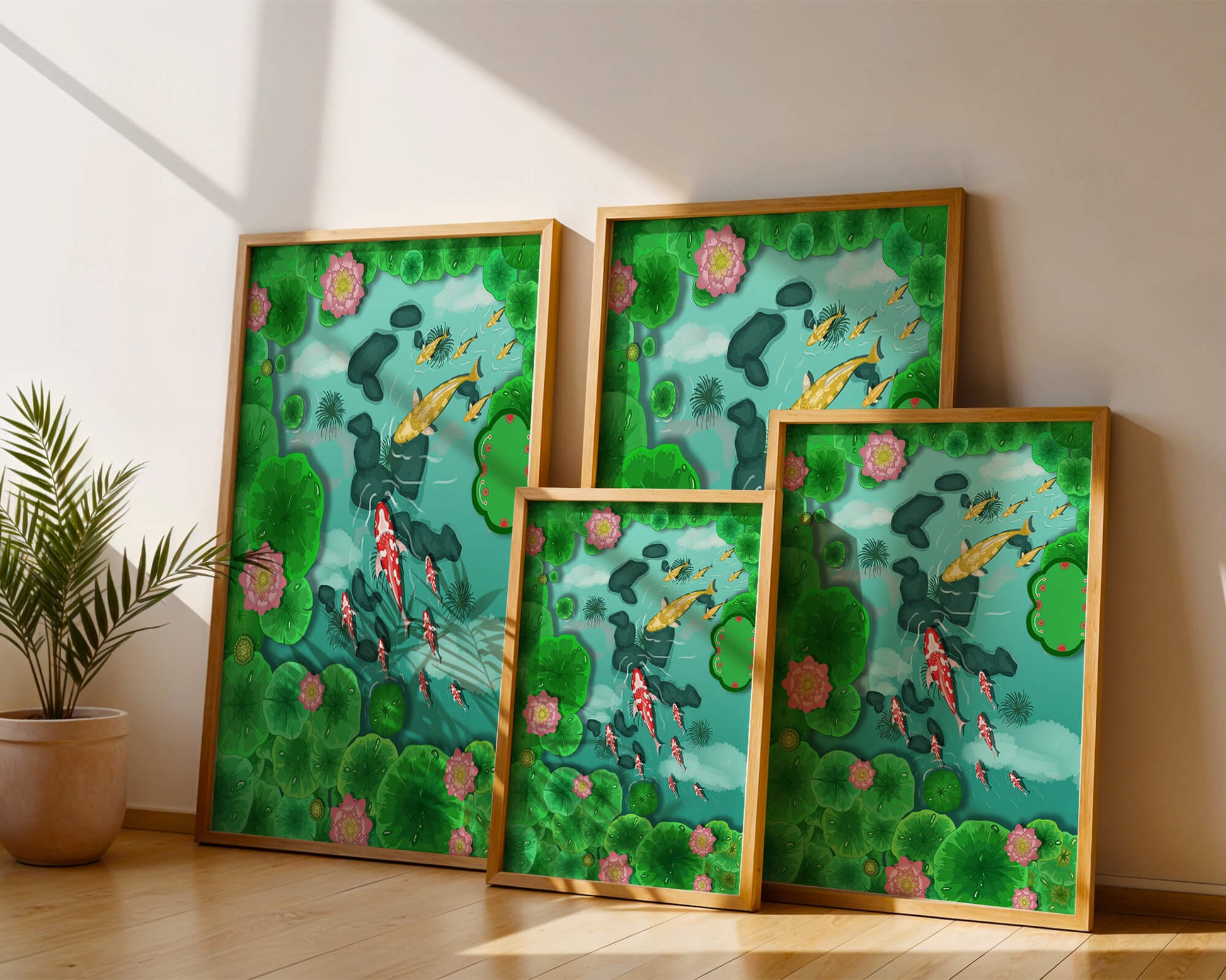Étang à carpes koï vibrant avec des fleurs de lotus et des nénuphars verts