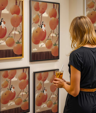 Whimsical illustration of girl with giant oranges and branches