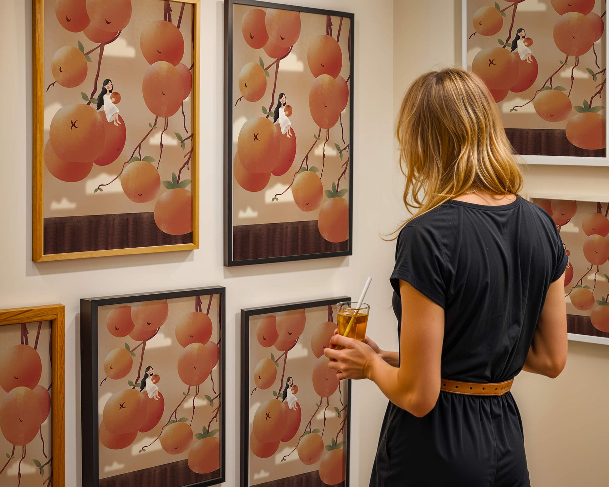 Whimsical illustration of girl with giant oranges and branches