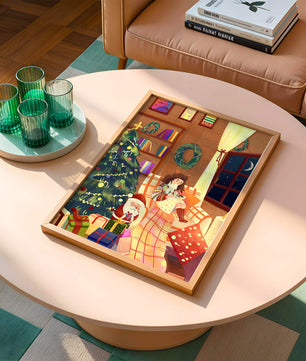 Cozy Christmas scene with tree, gifts, and a child by the window