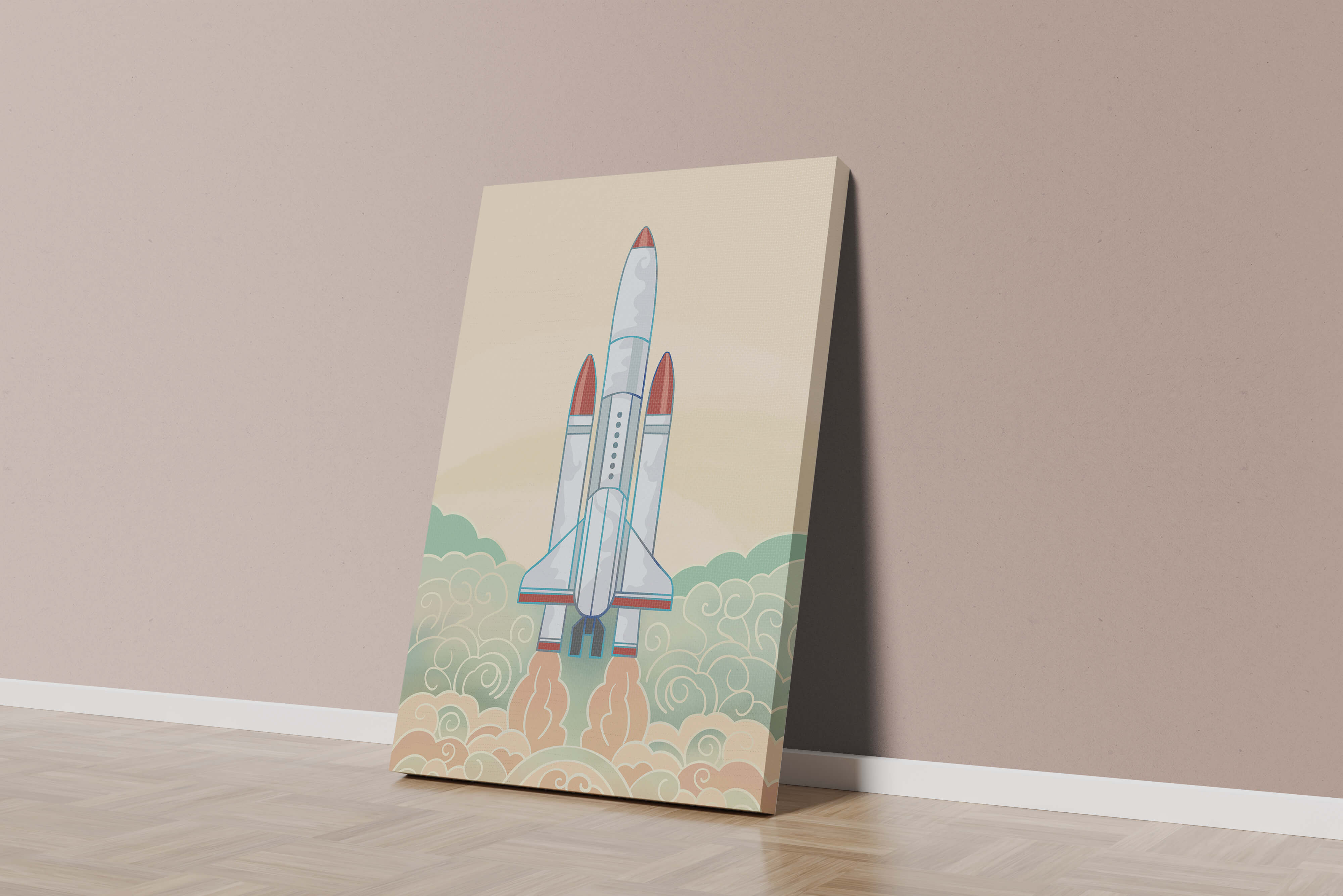Colorful rocket launch from vintage-style clouds